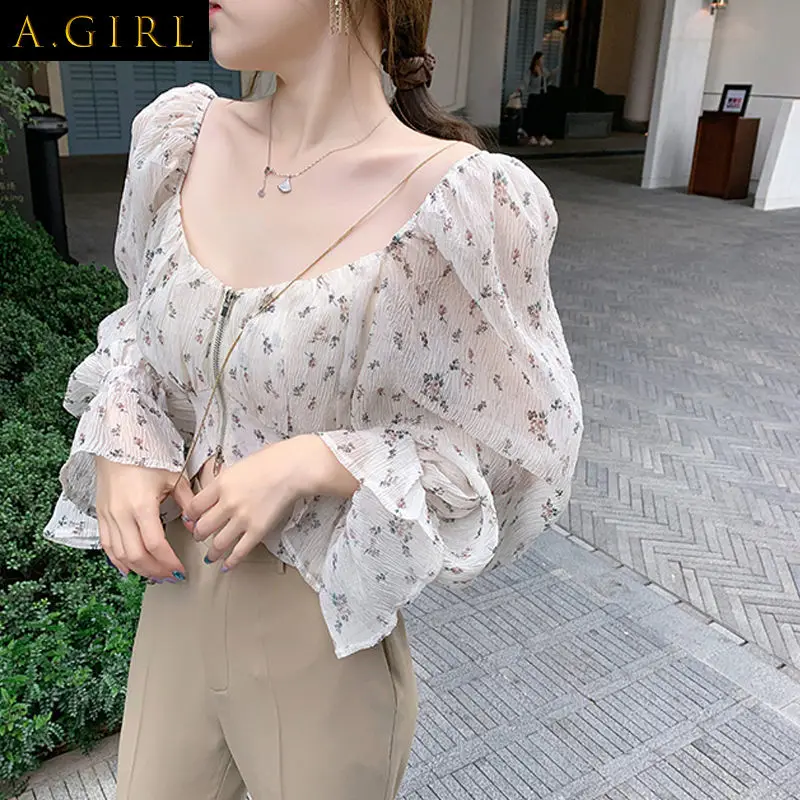 

Shirts Women Crop Top Floral Design Zipper Romantic Spring Fashion Korean Style Retro Femme Holiday Slim Clothing Tender Ins
