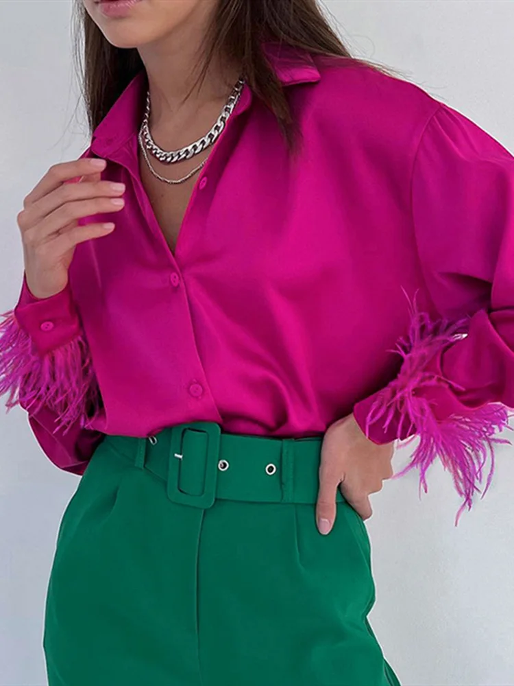 

Women Shirts Feather Cuffs Elegant 2022 Satin Summer Fashion Button Down Blouse Long Sleeves Chic Loose Turndown Collar Tops