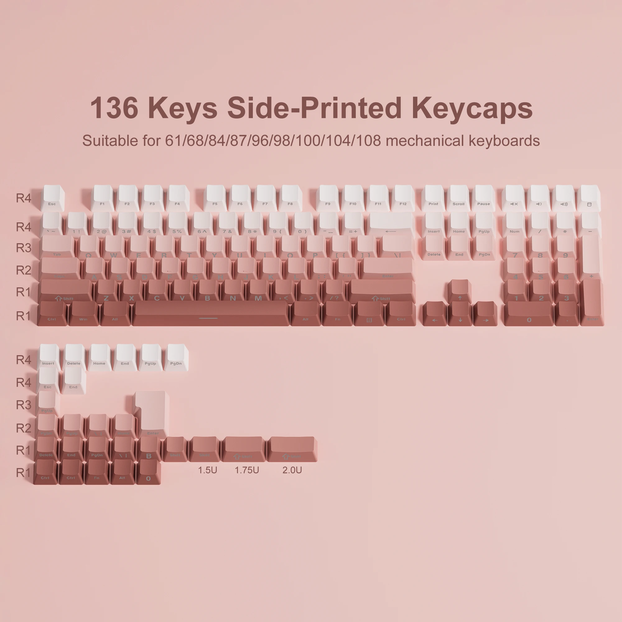 

136 Key Pink Gradient Side Print PBT Keycaps Double Shot Shine Through Backlit For MX Mechanical Keyboard 108 96 87 84 68 64 61