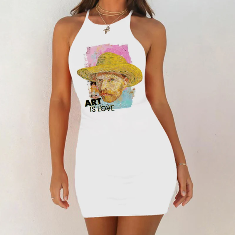 

2022 Women Clothes Sexy Dress Van Gogh Art Love Print Night Club Dress Vestidos Sling Pack Hip Bodycon Evening Party Mini Dress
