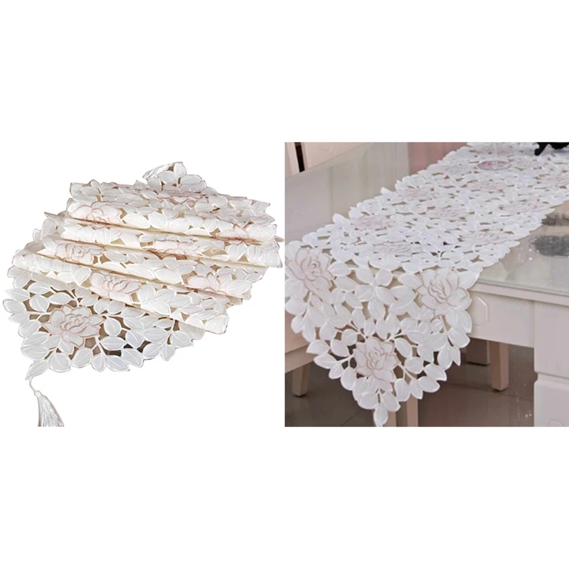 

Lace Flowers Table Runner Embroidered Dining Room Tablecloth Cover Party Banquet Wedding Decoration White