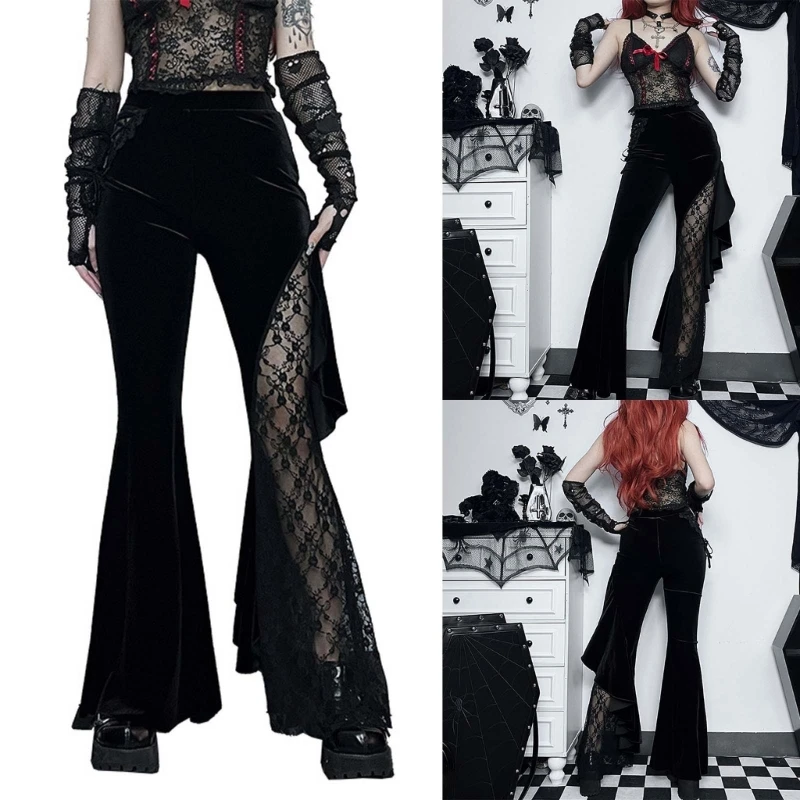 

Women's High Waist Ruffled Lace Patches Bells Bottoms Solid Color Punk Flare Pants Gothic Wide Leg Flare Pants