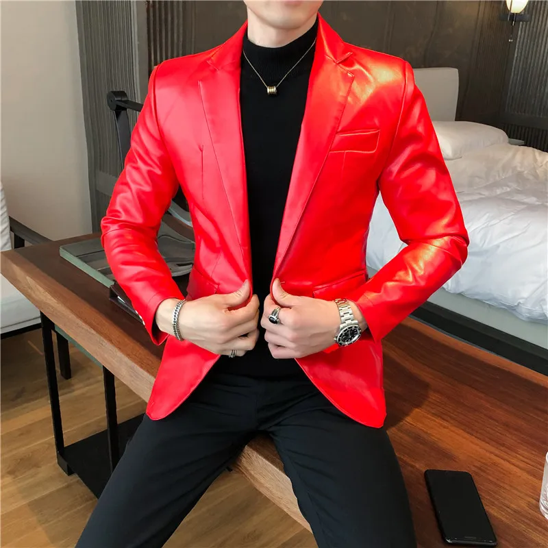 

Solid 2022 Color Casual Leather Jacket Autumn Costume Wear Homme Blazer Business Slim Men Social Street Coat Fit Masculino