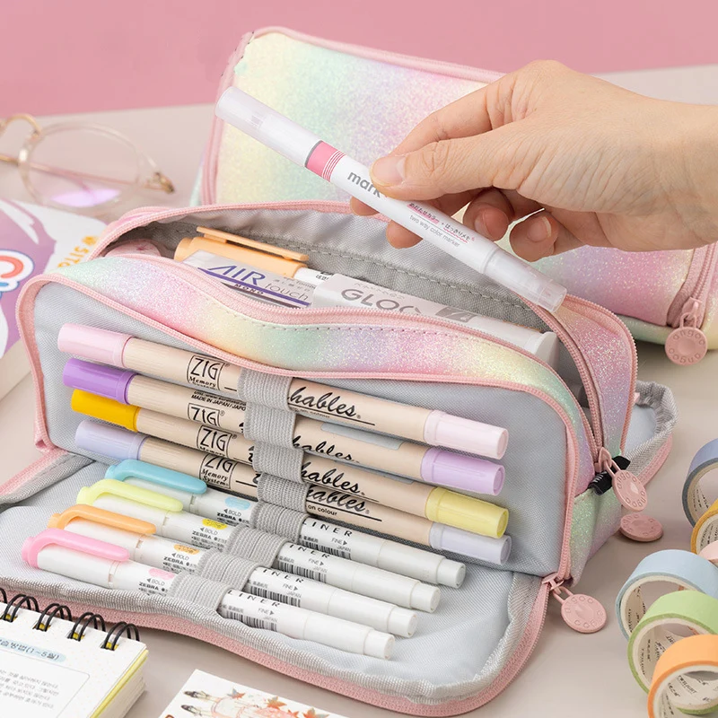 

Kawaii Rainbow Pencil Case for Girls School Pencilcase Large Capacity Stationery Organizer Pen Box Three Zipper Pouch Office Bag