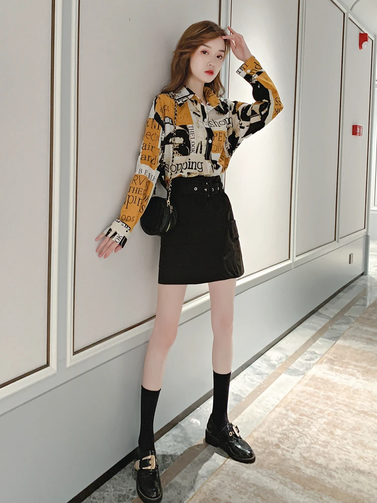 Женские рубашки с длинным рукавом и гонконгским принтом новинка 2024 ретро