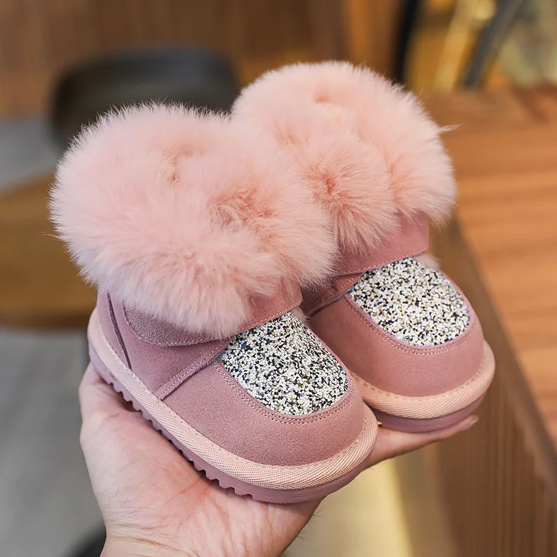 

2023 New Winter Girls Boots Leather Princess Warm Plush Cotton Kids Shoes Non-slip Fashion Toddler Baby Shoes