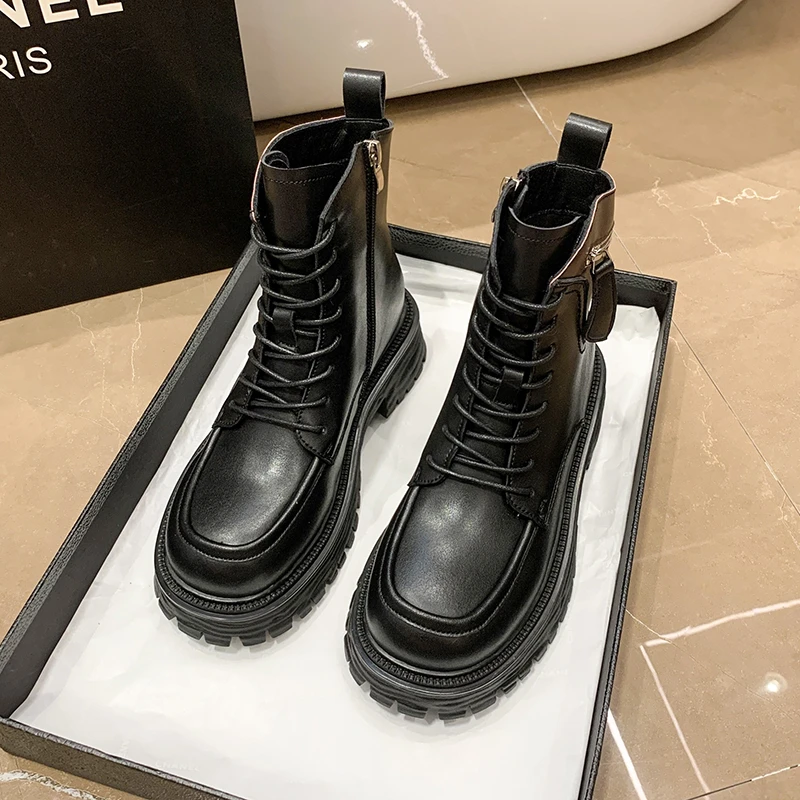 

Leather Thick-soled Boots Spring and Autumn Single Boots High-value Mid-tube Tooling Boots Women Women Shoes Platform Goth Boots