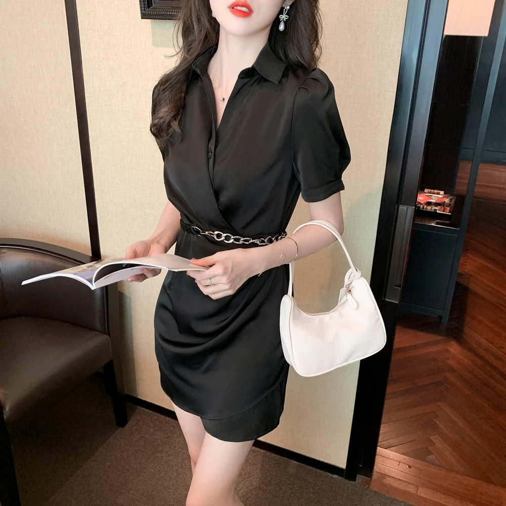 

Black Folds Shirt Midi Dresses for Women Elegant Sashes Europe America Clothes Puff Sleeve Solid Office Lady Mini Dresses