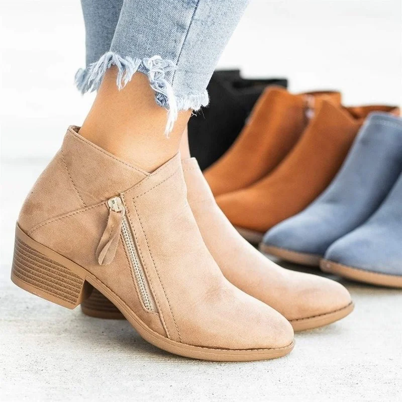 New Women's Shoes 2022 Thick Heel Boots Autumn Women's Shoes  Flat Side Zipper Ankle Boots Fashion Casual Short Boots