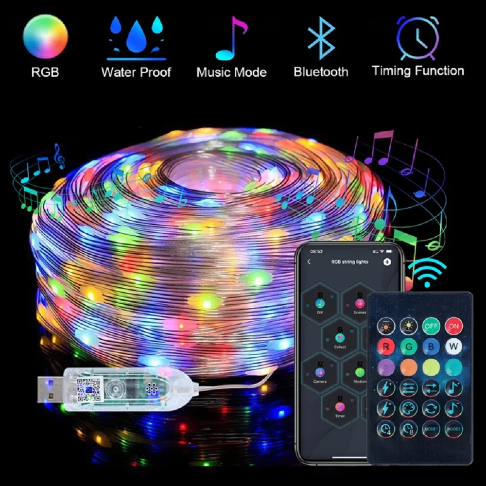 RGB LED String Fairy Lights Bluetooth APP Control USB 5V Wedding Decoration Garland Party Christmas Lights