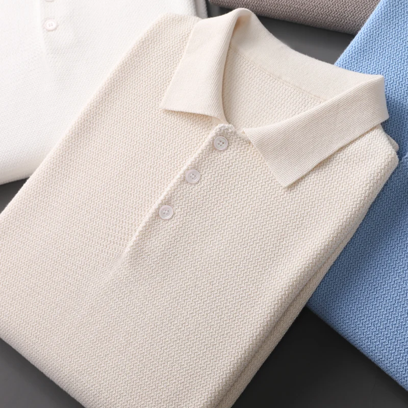 Мужская вязаная футболка-поло из 100% хлопка, летняя коллекция 2026, классическая однотонная дышащая трикотажная футболка с коротким рукавом, пуловер (art.: 3920db0ff9379) - 3920db0ff9379
