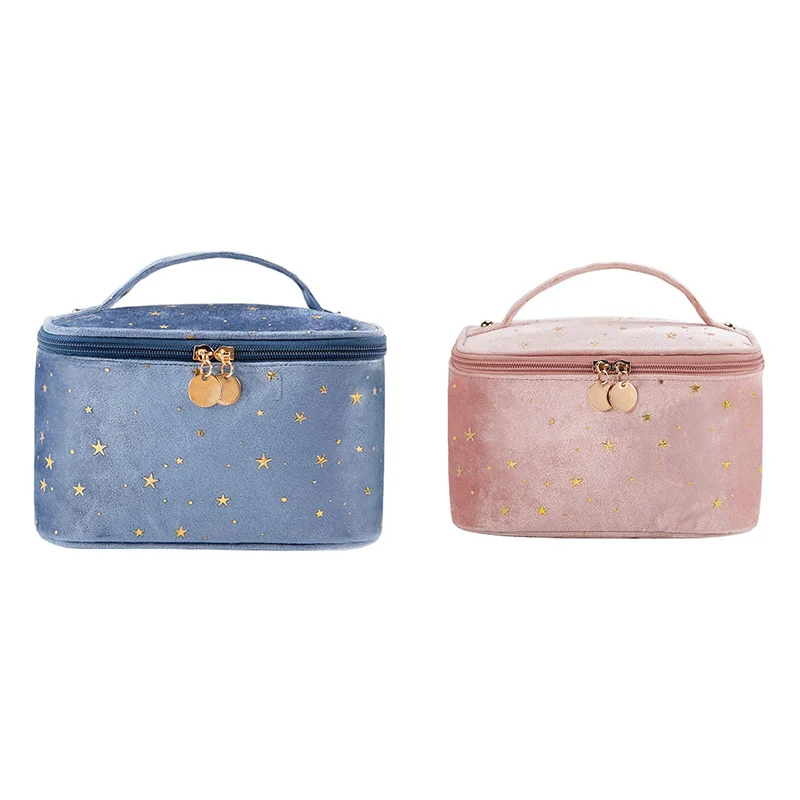 

Women's Velvet Cosmetic Bag With Cosmetic Brush Holder Travel Cosmetic Bag With Zipper Starry Sky Cosmetic Bag