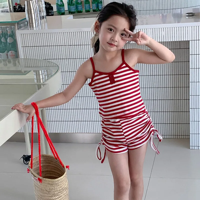 

Girls' Spicy Girls' Set Children's Wear 2023 Summer Thin Children's Stripe Camisole+Drawstring Shorts Two Piece Set 4-130