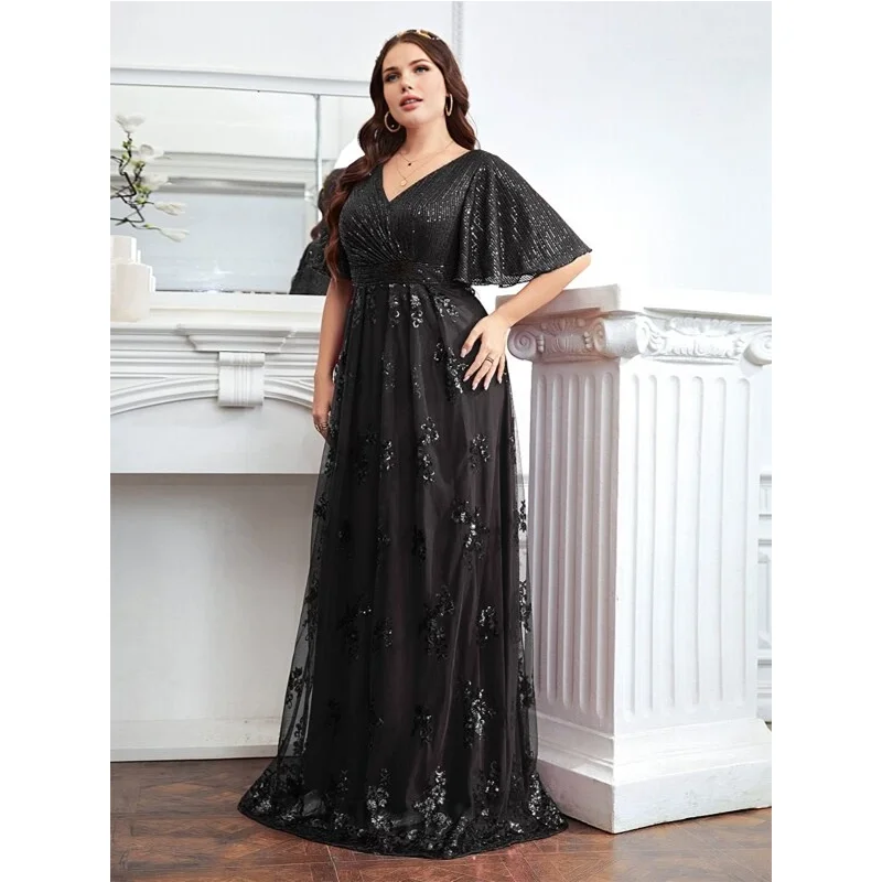 Plus Size 4XL5XL Luxury Shiny Lace Chiffon Dress Wine Red Banquet Party Wedding Dress Plus Size V Neck Short Sleeves Maxi Dress