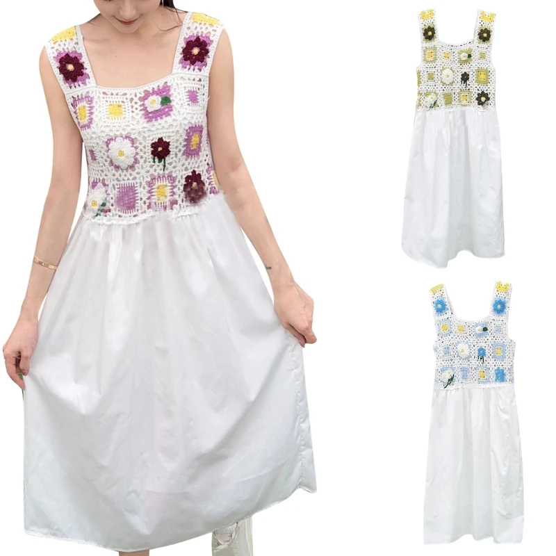 

Женское вязаное крючком платье без рукавов с квадратным вырезом, Пляжное длинное платье с вышивкой, клетчатое цветочное повседневное свободное платье-трапеция, праздничные платья N7YD