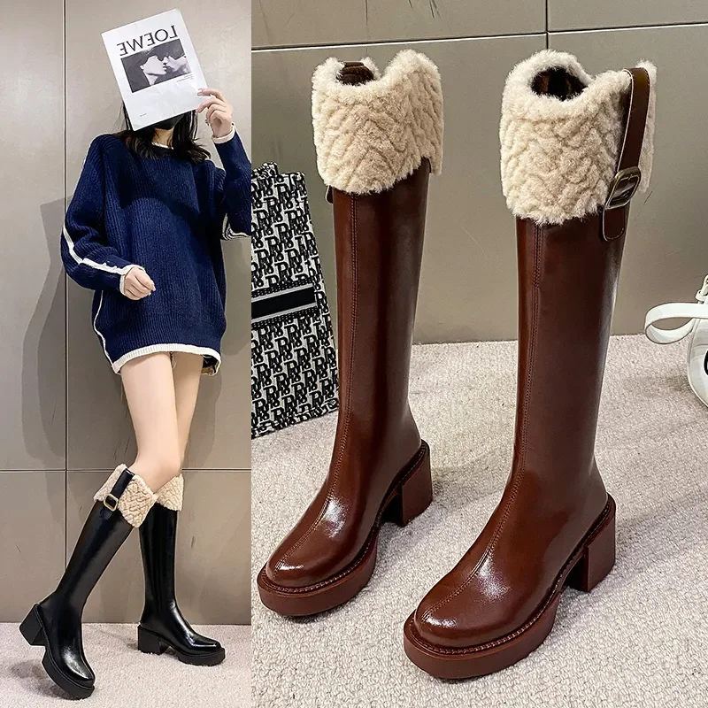 

Female Shoes on Sale 2024 New Thigh High Boots Winter Round Toe Thick Sole High Heel Boots High Quality Brown Long Boots