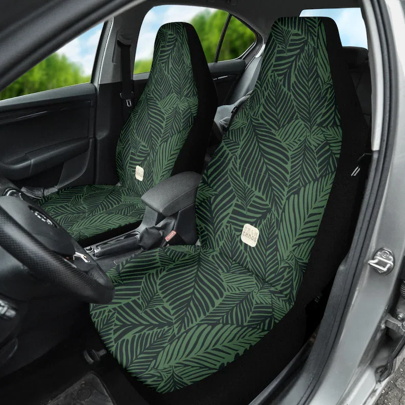 

Dark Green Groovy Retro Boho Leaf Print Cute Car Seat Covers for Vehicle for Women Set of 2