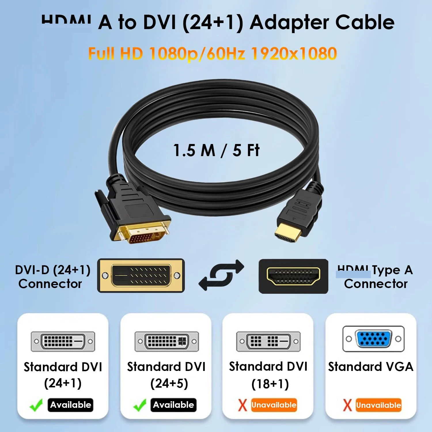 Фото Для кабеля-переходника HDMI-DVI DVI-D (24 + 1) к HDTV HDMI-совместимостью двунаправленного 1080p Full HD для ПК, ноутбука, ТВ-приставки, проектора №2