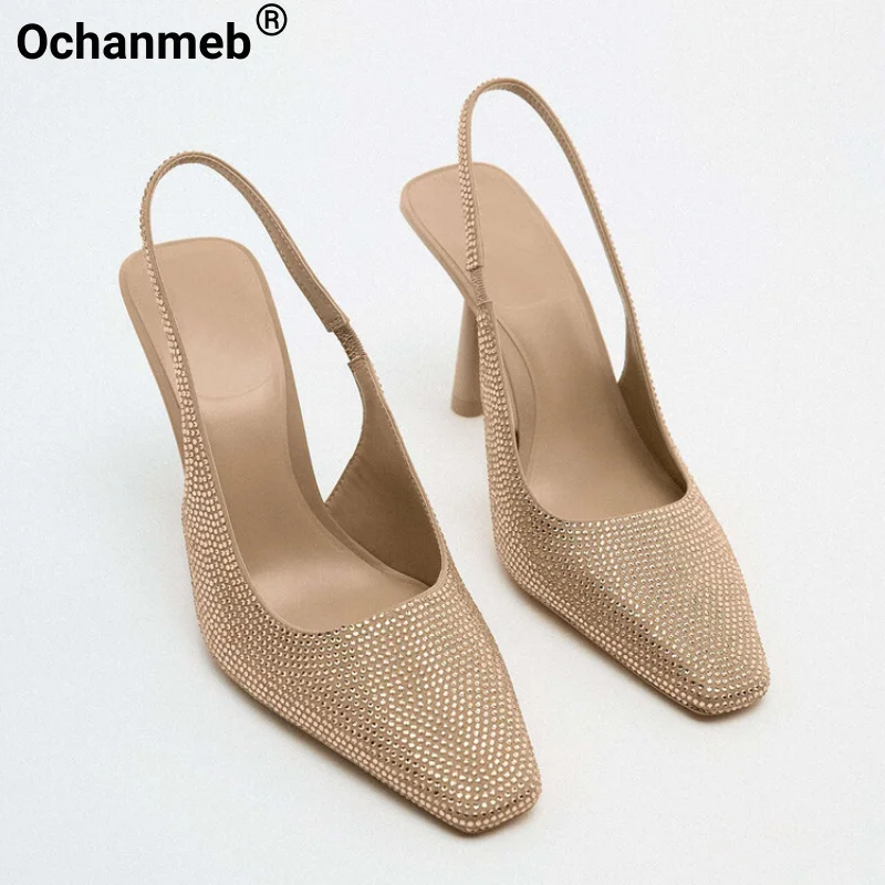 Ochanmeb Spark Crystal Slingbacks Women Pumps Ladies Designer Rhinestone Bridal Wedding Shoes Thin High Heeled Footwear Party 43