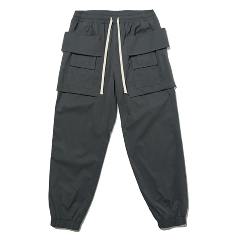 

High Street Retro Big Pockets Drawstring Men's Cargo Pants Elastic Feet Straight Black Casual Overalls Vibe Style Loose Trousers