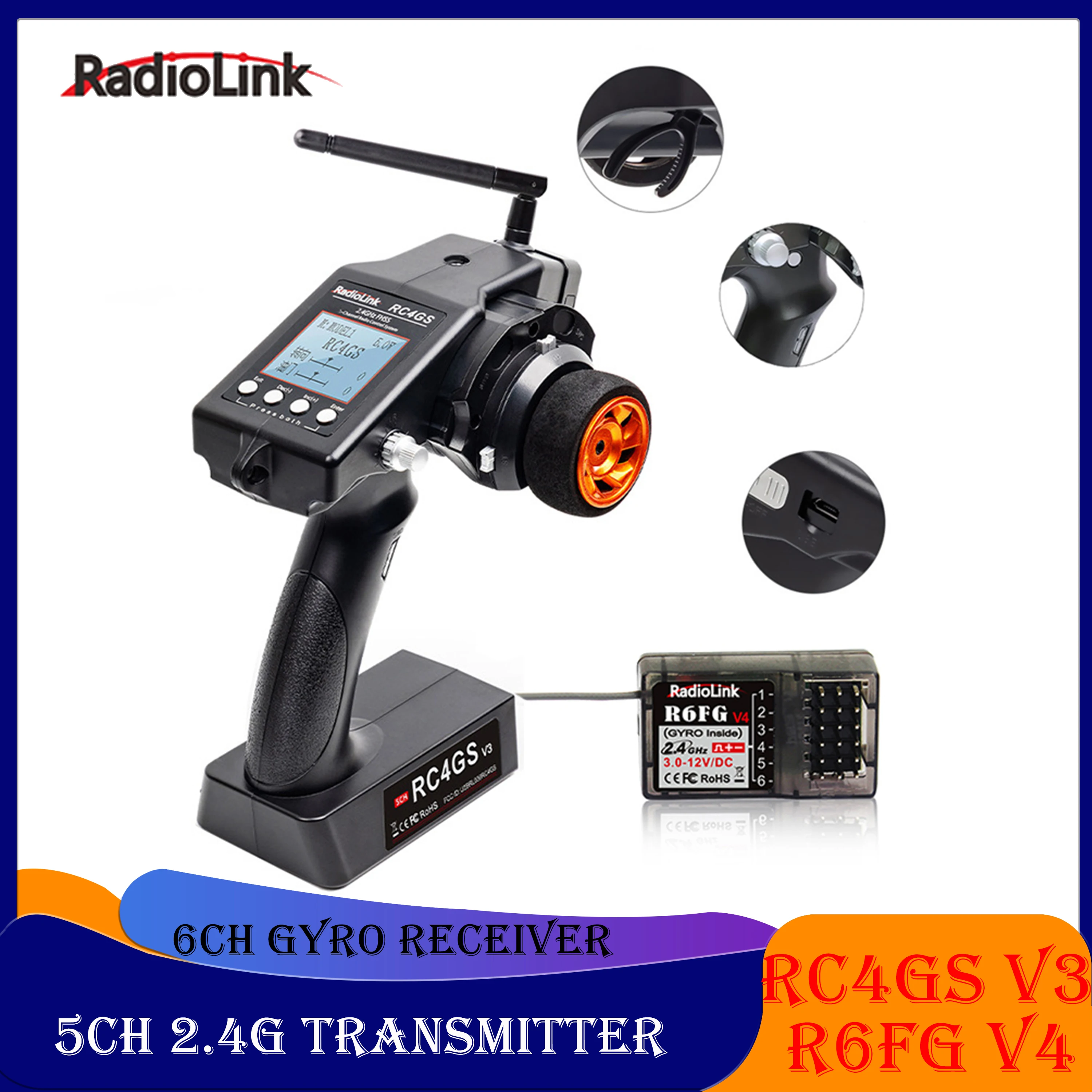 RadioLink RC4GS V3 5CH Transmitter 2.4G Remote Controller + R6Fg Gyro 6 Channel Receiver for RC Car Boat Vehicle Model Toy R4FGM