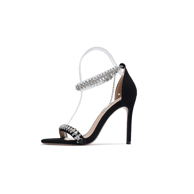 Black Luxury High Heels 2023 Summer New Rhinestone Chain Sexy Sandals Women's Slender Heels Shoes for Women
