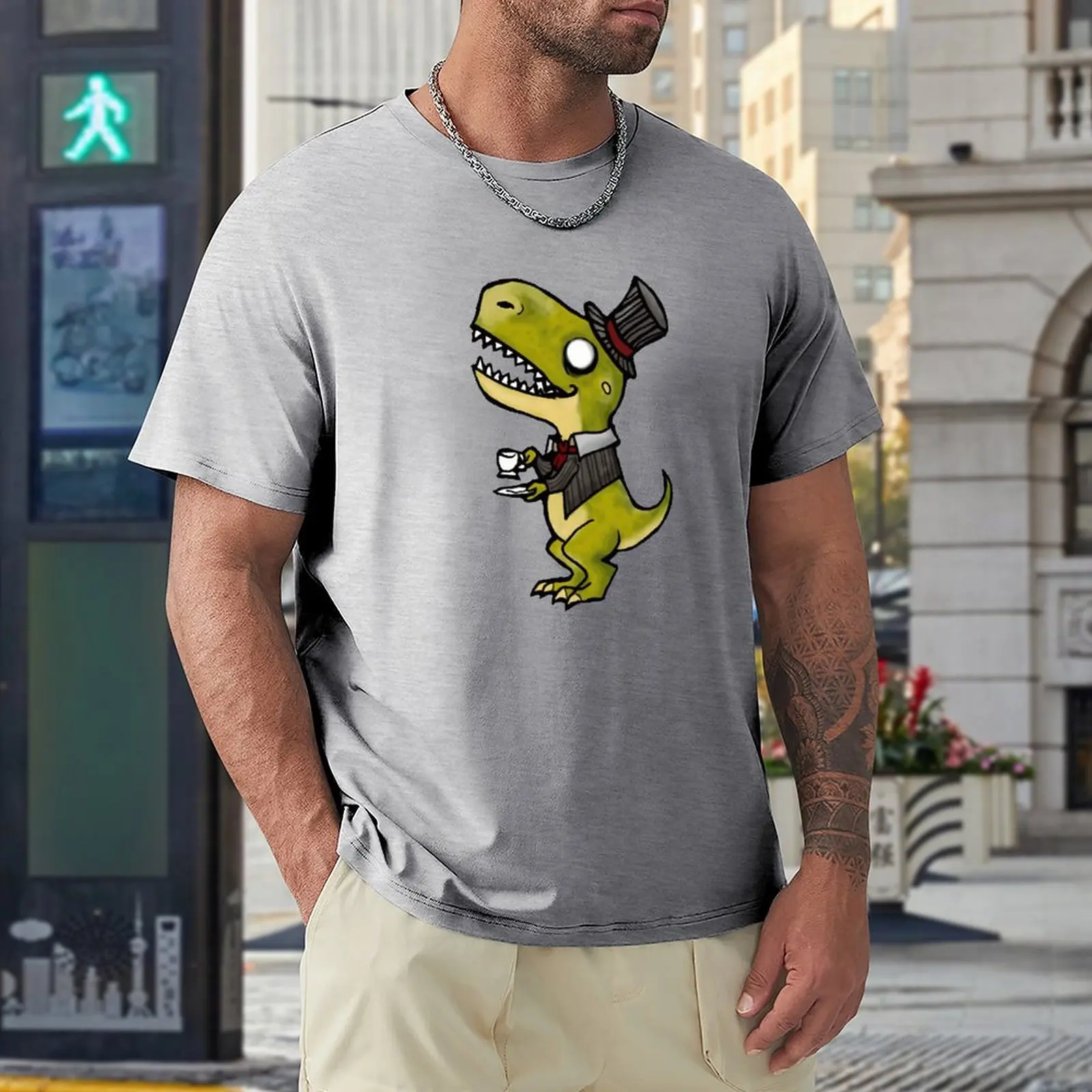 

Summer New Coffee Dinosaur Print Short-Sleeved Pure Cotton O-Neck Unisex Harajuku T-Shirt Everyday Casual Cute Top