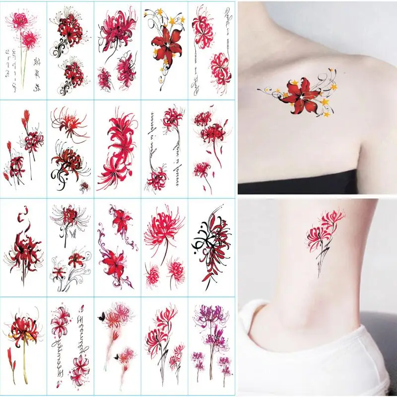 

20pcs Temporary Tattoos Red Flowers Stickers and Decals Women's Tattoos and Body Art Waterproof Fake Tattoo Temporaire Tatouage