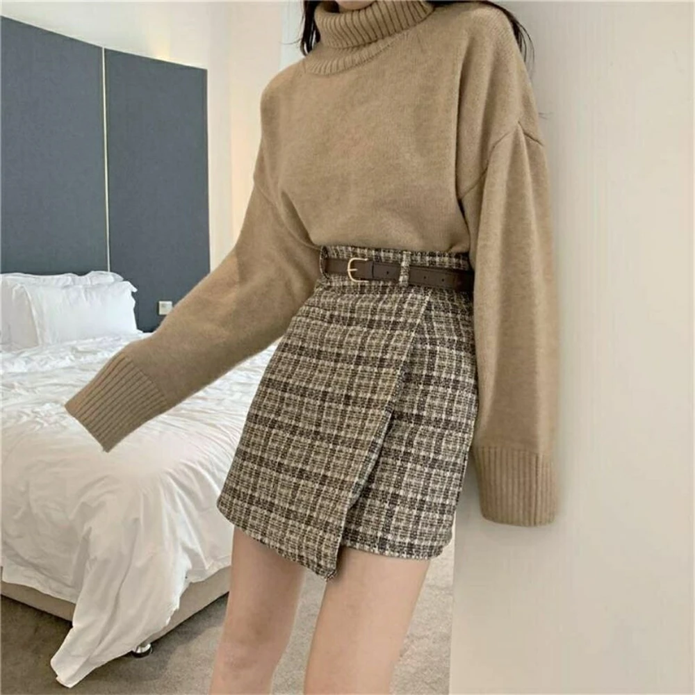 

2021 Korean Irregular Lady Skirt Female Autumn Sweet High Waist A-line Mini Skirt Vintage Casual Women Plaid Skirt Chic Sashes