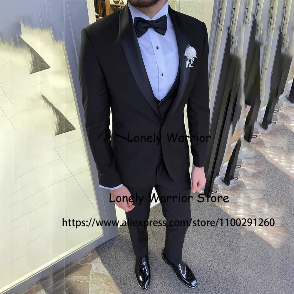 Fashion Black Suits Mens Shawl Lapel Slim Fit Wedding Groom Tuxedo Banquet Blazer 3 Piece Set Terno Masculino Jacket Vest Pants images - 1