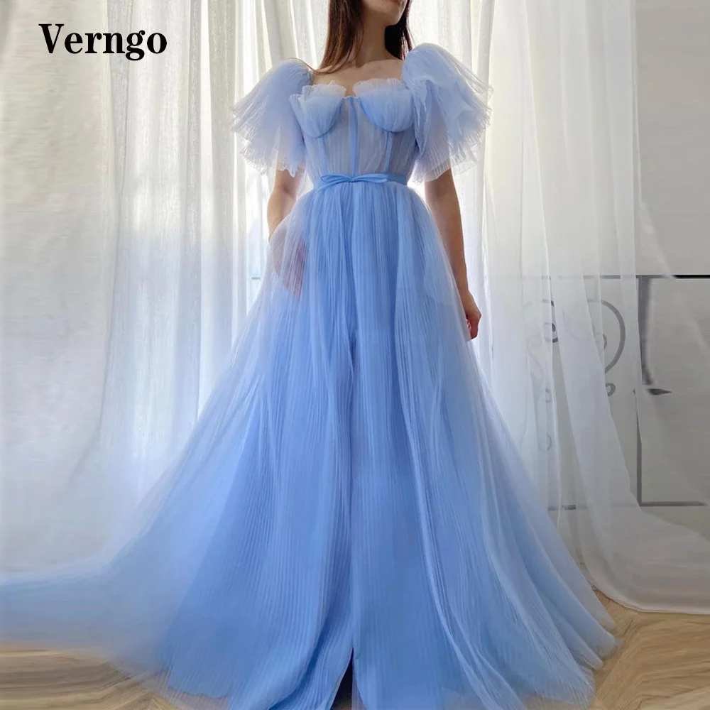 

Verngo Blue Draped Tulle Long Prom Dresses Puff Short Sleeves Sweetheart Slit Elegant Women Evening Gowns Special Occasion