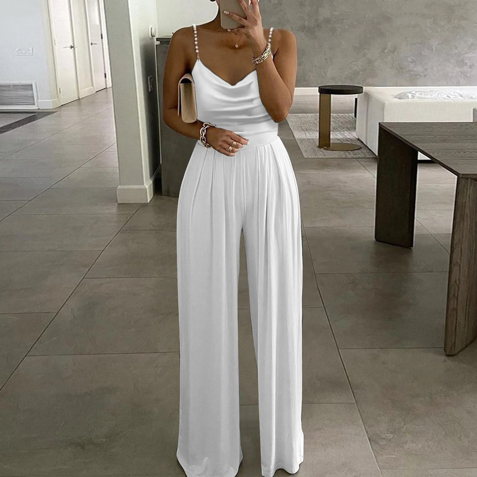 

Romper Women Sexy Soild Pearl Sleeveless Sling Top Wide Leg Pants Jumpsuit Rompers Ladies Solid Color Casual Jumpsuit Overalls