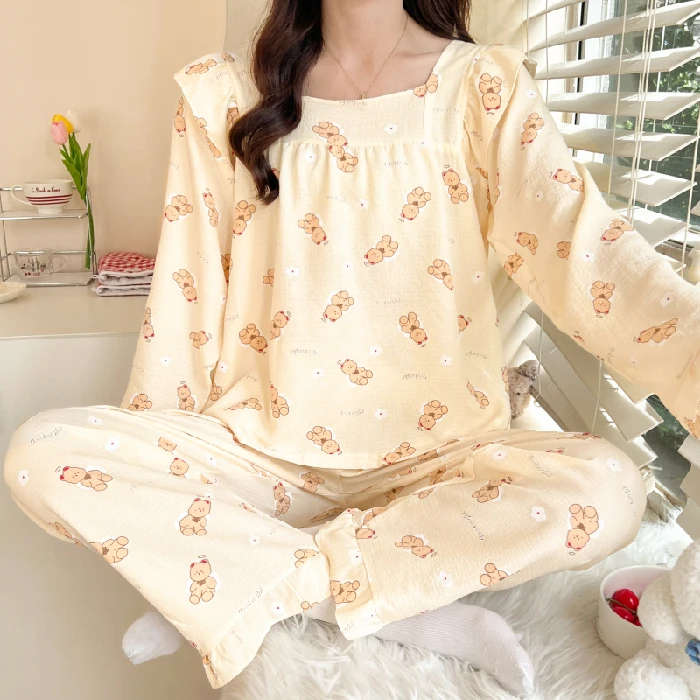 CAIYIER Korean Flower Girls Sleepwear Sweet Square Collar Ruffles Nightwear For Ladies Autumn Winter Soft Cute Pyjamas Female