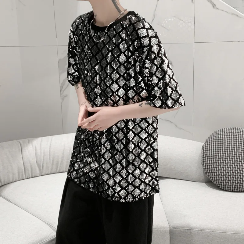 

Summer Sequins T-shirt Men Fashion Casual O-neck Performance T-shirt Mens Streetwear Loose Hip-hop Short-sleeved T Shirt Men