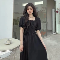 solid chiffon puff sleeve dresses elegant square collar elastic high waist maxi dress fairy women 2022 summer korean fashio