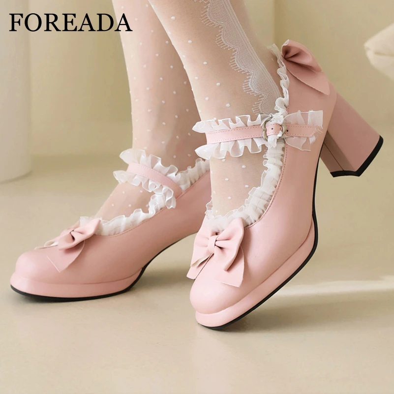 

FOREADA Women Mary Janes Lolita Pumps Square Toe Thick High Heels Kawaii Buckle Bow Ruffles Lady Cosplay Shoes Spring Autumn 43