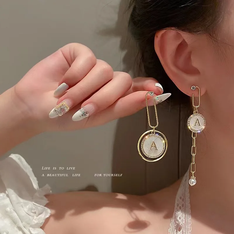 

Silver Needle Asymmetrical Long Tassel Earrings Korean Fashion Temperament Letter Pearl Superior Sense Minority Earrings
