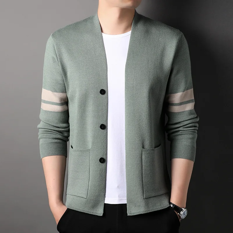 

2023 Men's Autumn New Arm Striped Cardigan Sweater Youth Outer Wear Casual Sweater