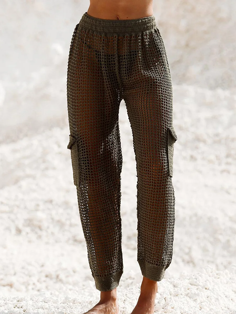 

Women s Crochet Cargo Pants Cover Up Pants with Pockets Knit Hollow Out Beach Trousers Y2k Streetwear (A-Army Green L)