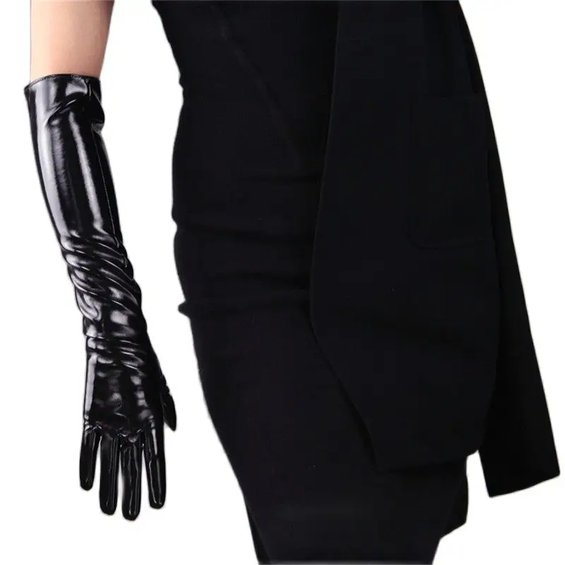 Женские лакированные перчатки 70 см яркие черные длинные из искусственной кожи 2022