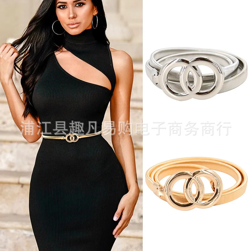 Double Rings Chain Waist Belt for Women Elastic Stretch Silver Gold Belt Metal Thin Ladies Dress Belt Waistband