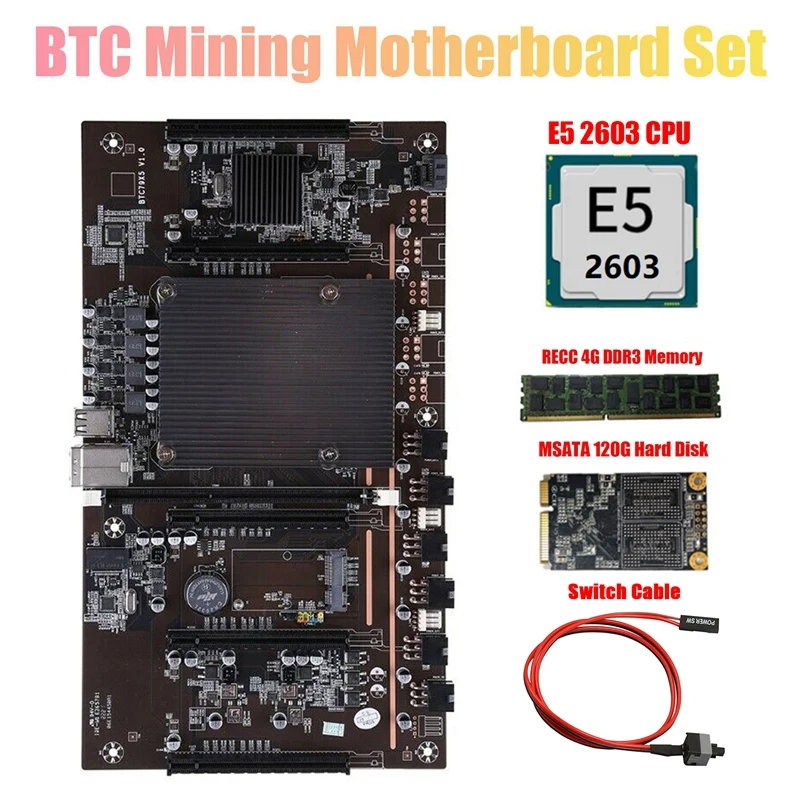 

X79 H61 BTC Mining Motherboard with E5 2603 CPU+RECC 4G DDR3 Ram+120G SSD+Switch Cable Support 3060 3070 3080 GPU