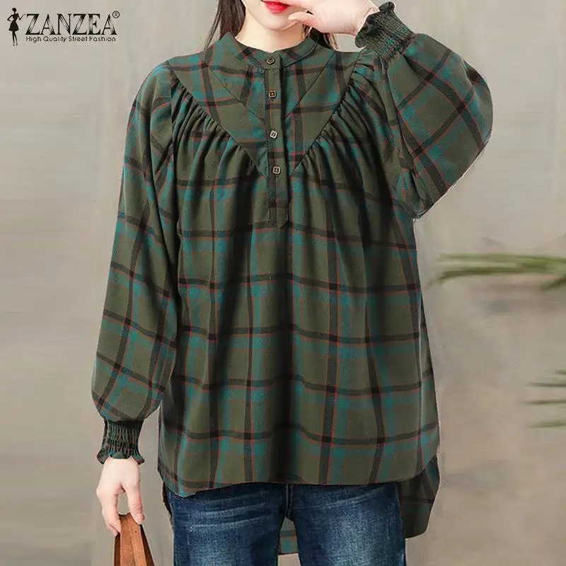 

ZANZEA Elegant High Low Checks Print Chemise Oversize Plaid Blouse Women Casual Long Smocking Sleeve Shirt Spring Grid Tunic Top