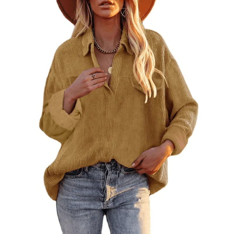 

Women's Corduroy Lapel Top Pullover Loose Solid Color Shirt Coat
