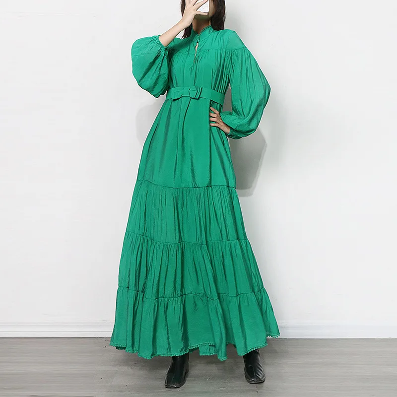 

Summer New Fashion 2022 Women's Stand Bow Lace Spliced Long Sleeve Cascading Ruffles Solid Color Belt Holiday Long Dress