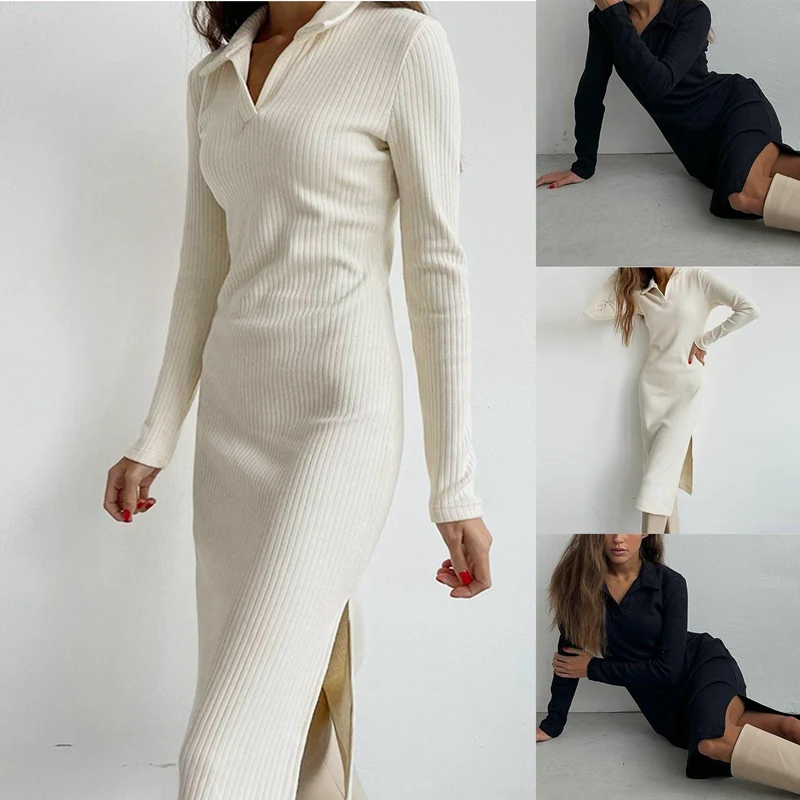 

Women's Lapel Long Sleeve Sweater Knit Dress Slit Dress Slim Fit Slit Midi Dress