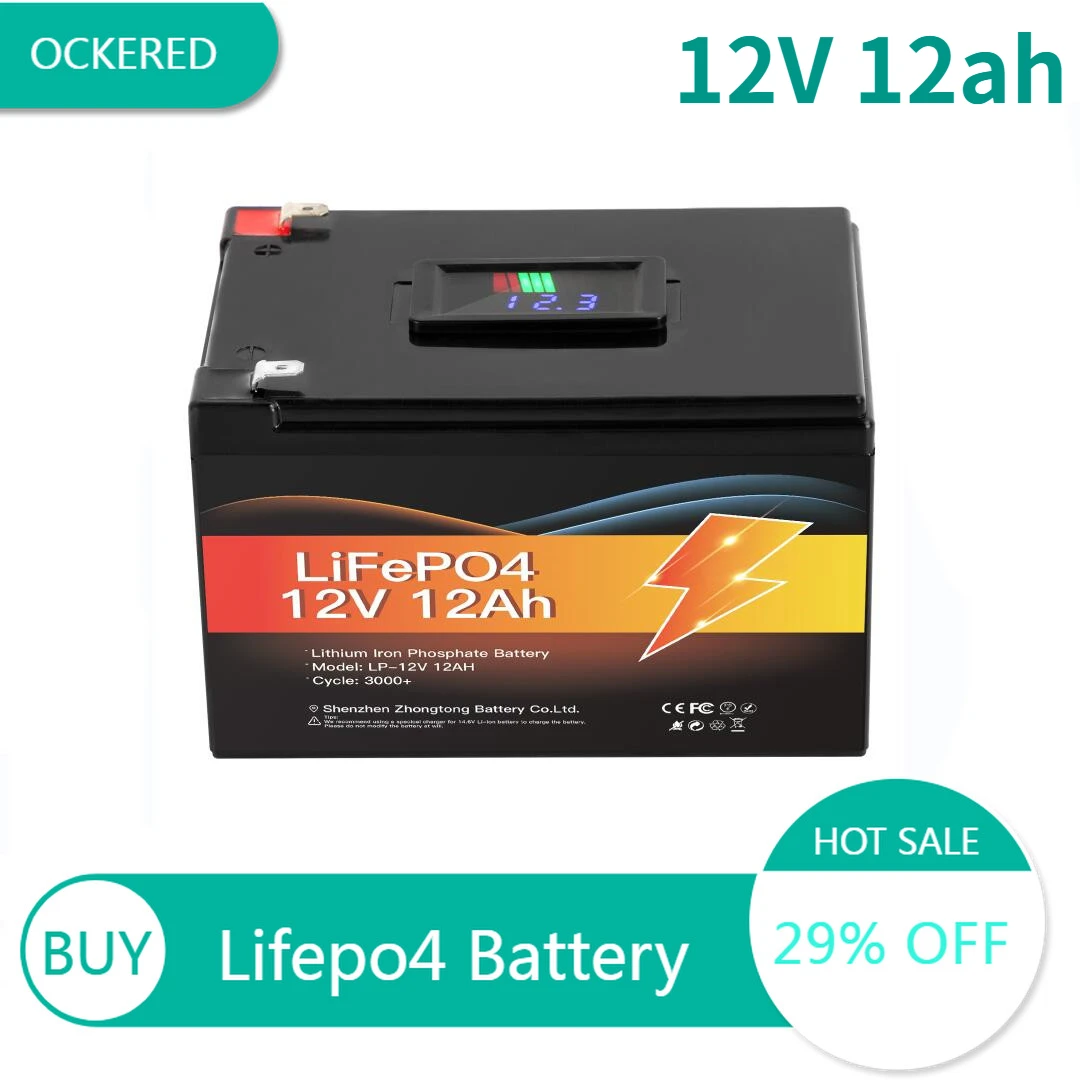

12V 12Ah LiFePO4 Storage Chargeable Battery BMS Lithium Power Batteries 3000 Cycles with LCD for RV Golf Cart Electric Car