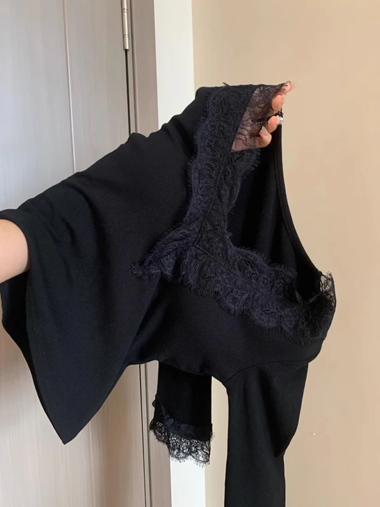 Black Atmosphere Lace Stitching V-neck Bottoming Shirt Women clothes Autumn and Winter Knit T-shirt Long sleeve Sweet Spi...