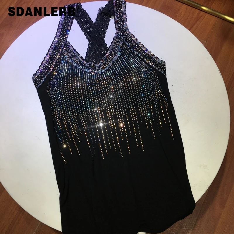 

Black Bottoming Shirt European Goods Heavy Embroidery Hot Drilling Vest Women's Cotton Full Diamond Tube Top Underwear Sling