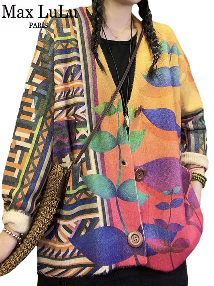 

Max LuLu Winter Knitted Design Clothes Womens Fashion Printed Warm V Neck Sweaters 2022 Ladies Loose Casual Harajuku Cardigans